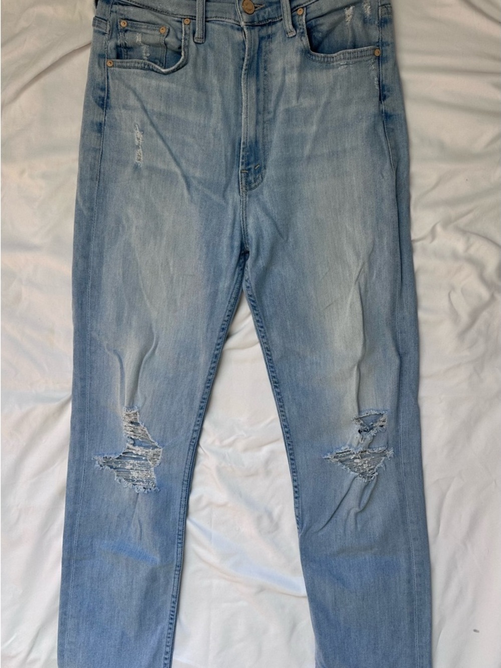MOTHER Light Blue Denim Island After Hours Jeans with Tan Leather Patch